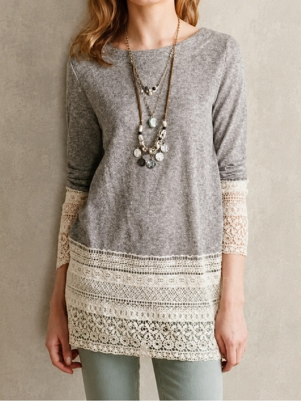 Anthropologie Sunday in Brooklyn Gray Tunic with Cream Lace Hem and Cuffs